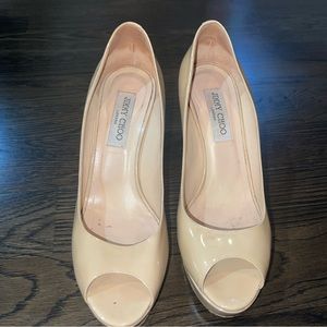 Jimmy Choo Nude Patent peep toe heels. Size 39. Excellent condition.
